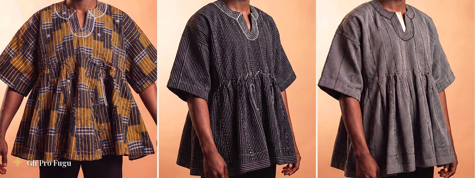 Hand-woven black fugu smocks from Northern Ghana — Black & Gold, Black & White, and Charcoal designs