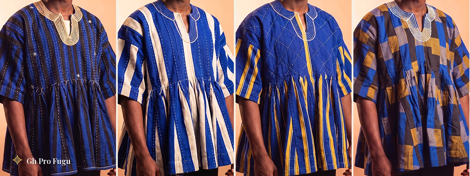 Hand-woven blue fugu smocks from Northern Ghana — Navy Blue, Blue & White, Blue & Gold, and Cobalt Check designs