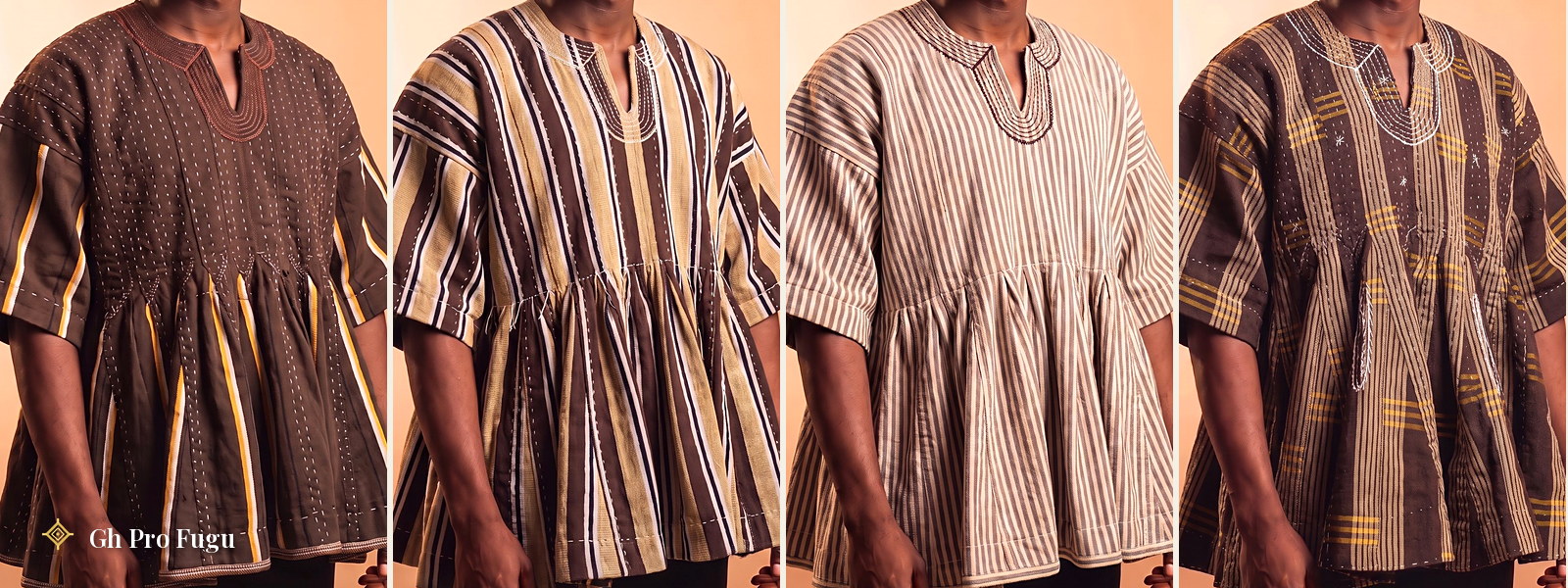 Hand-woven brown fugu smocks from Northern Ghana — Brown, Brown & Gold, Taupe, and Brown Check designs