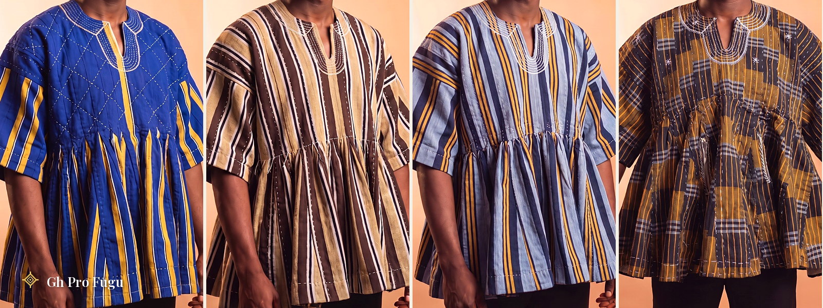 Hand-woven gold fugu smocks from Northern Ghana — Blue & Gold, Brown & Gold, Navy & Gold, and Black & Gold designs