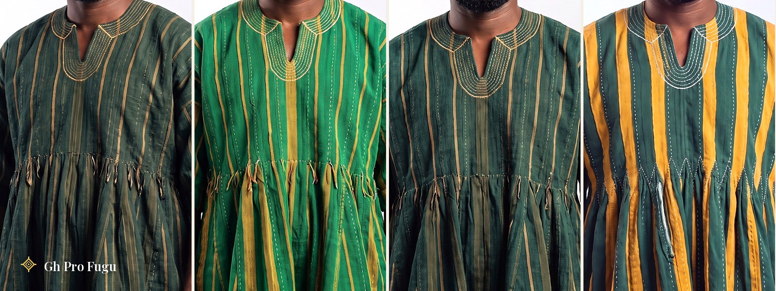 Hand-woven green fugu smocks from Northern Ghana — Forest, Green & Gold, Emerald, and Kelly Green designs