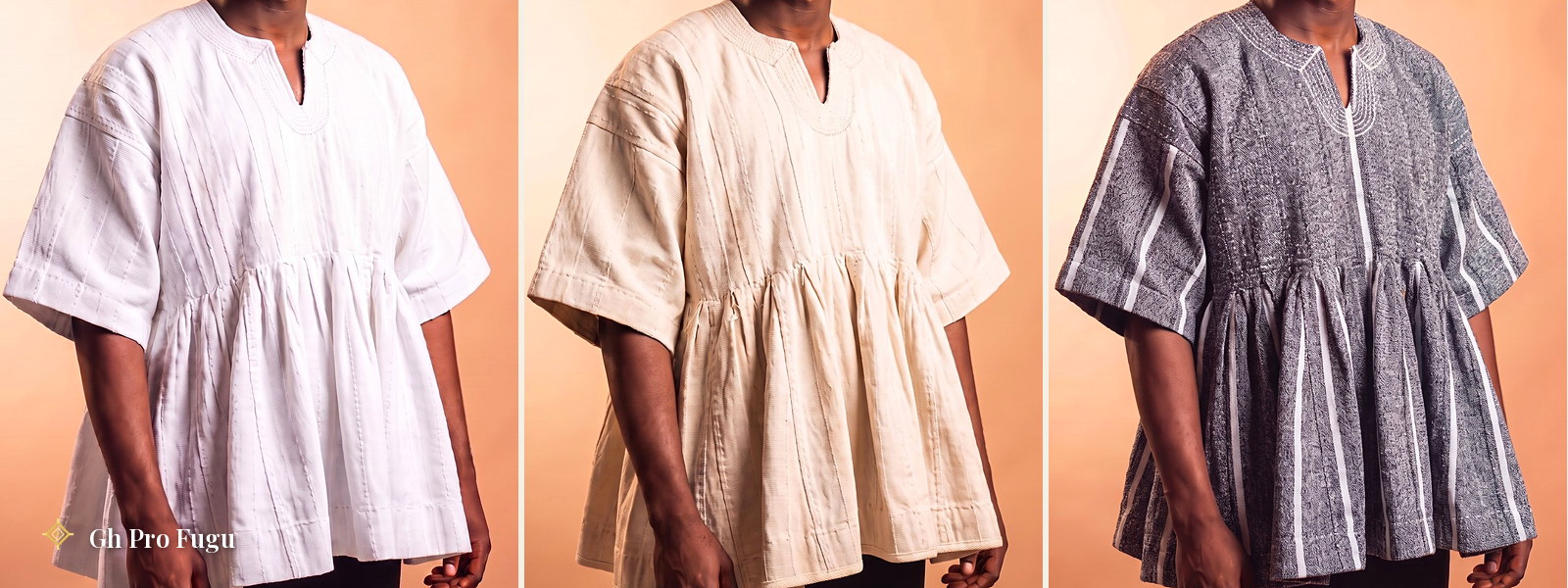 Hand-woven white fugu smocks from Northern Ghana — White, Ivory, and Grey & White designs