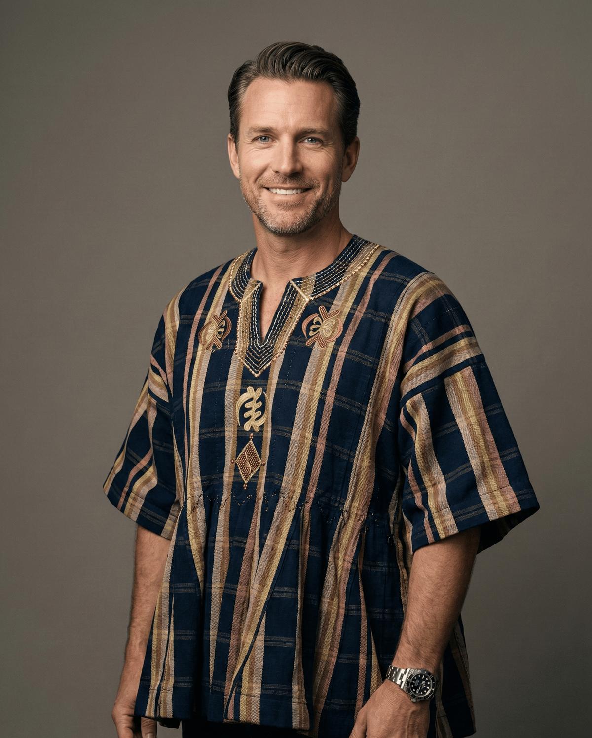 Man wearing a hand-woven Ghana Fugu smock