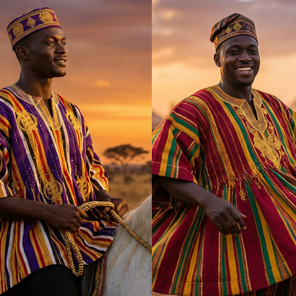 Men wearing traditional hand-woven Ghana fugu smocks at sunset