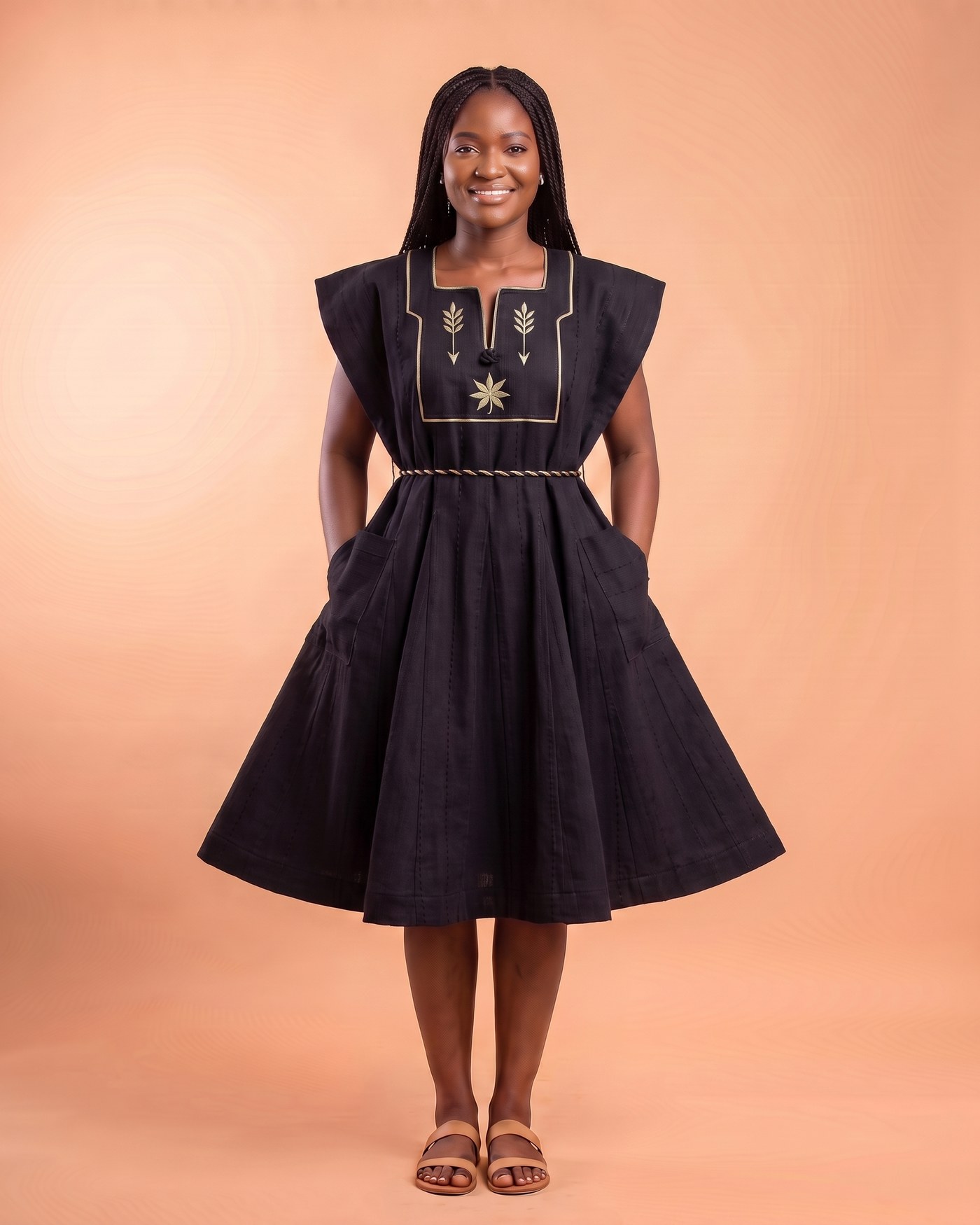 Woman in a black fugu smock dress with a gold-embroidered yoke