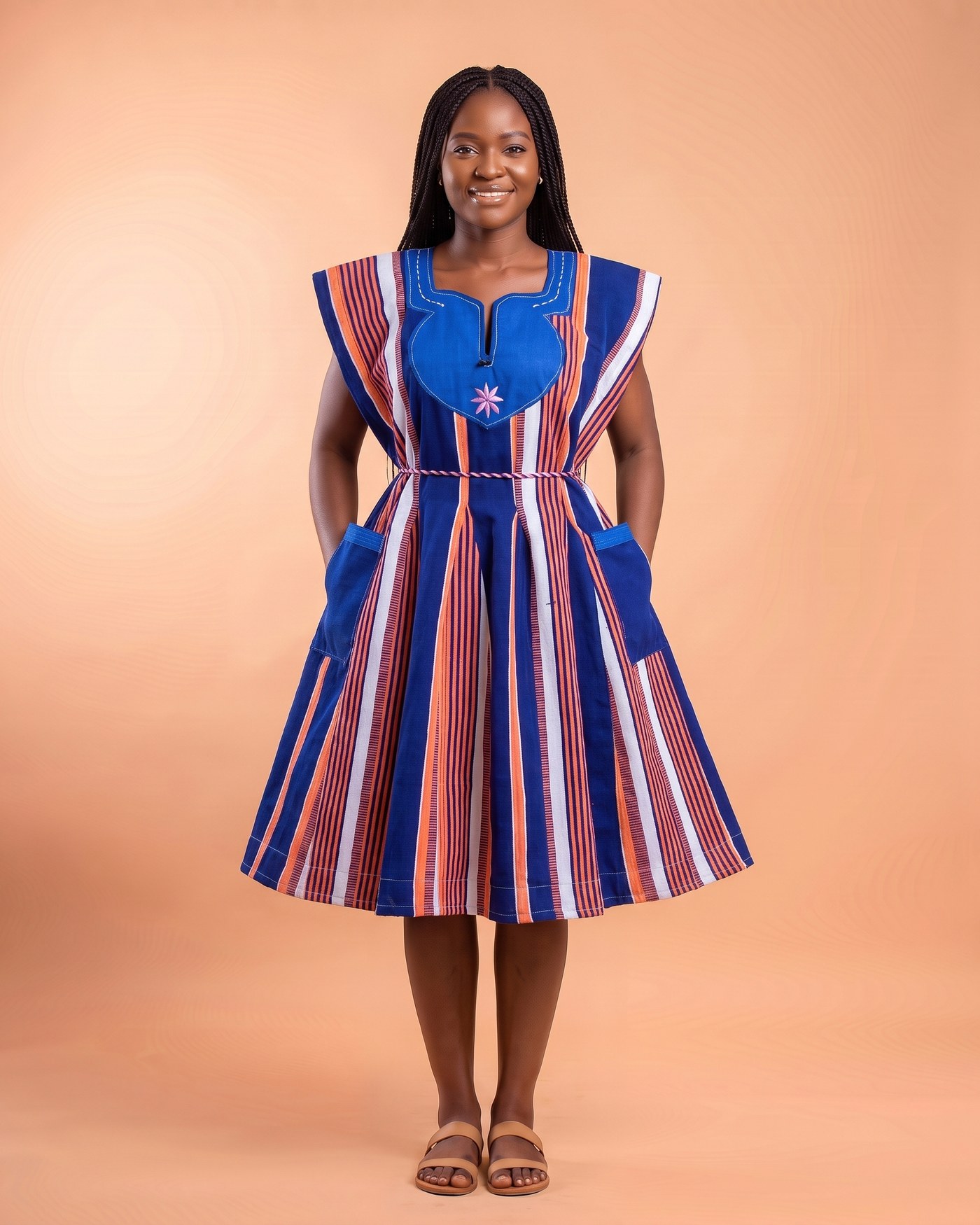 Woman in a blue, orange and white striped smock dress with a blue yoke