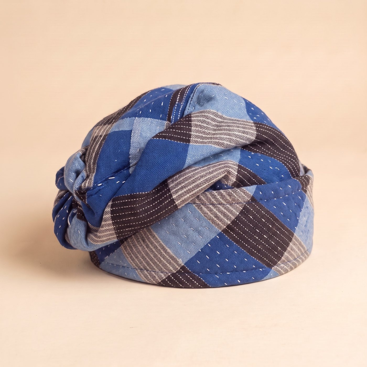 Blue Patchwork Smock Hat, hand-wrapped Ghana fugu smock hat