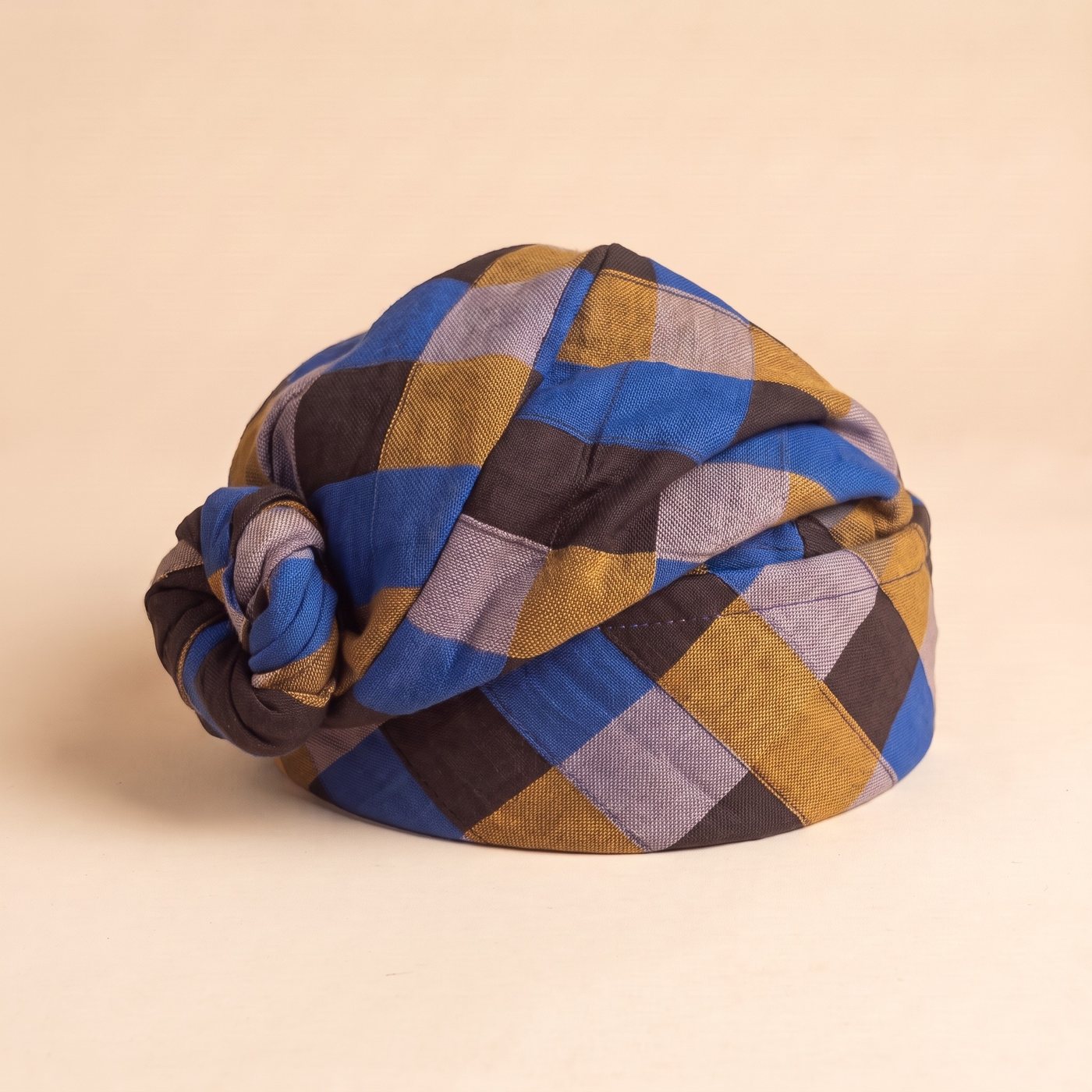 Cobalt Check Smock Hat, hand-wrapped Ghana fugu smock hat