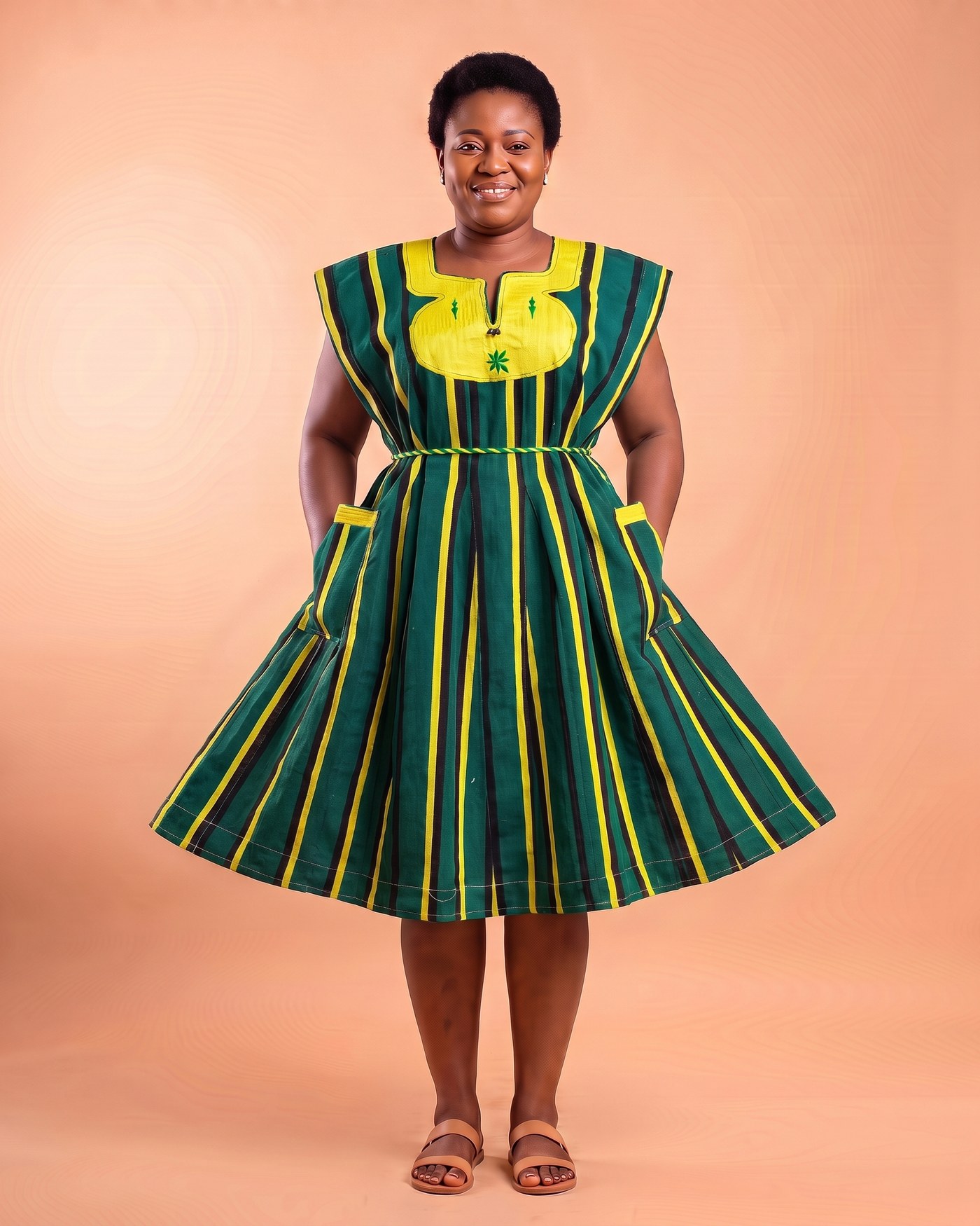 Woman in a green fugu smock dress with yellow and black stripes and a yellow yoke