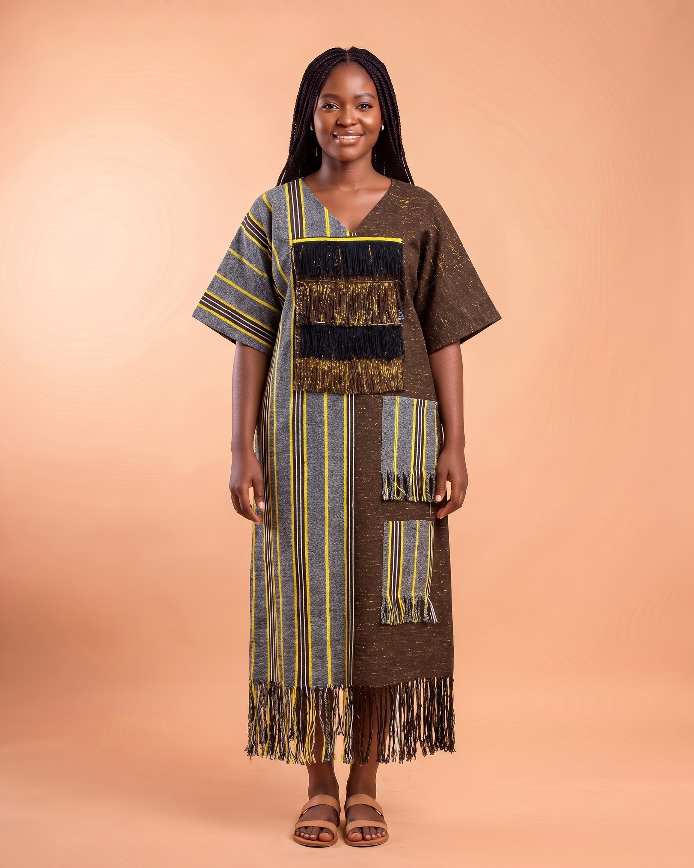 Woman in a calf-length kaftan smock dress, half grey and half dark brown, with black and gold fringe at the chest