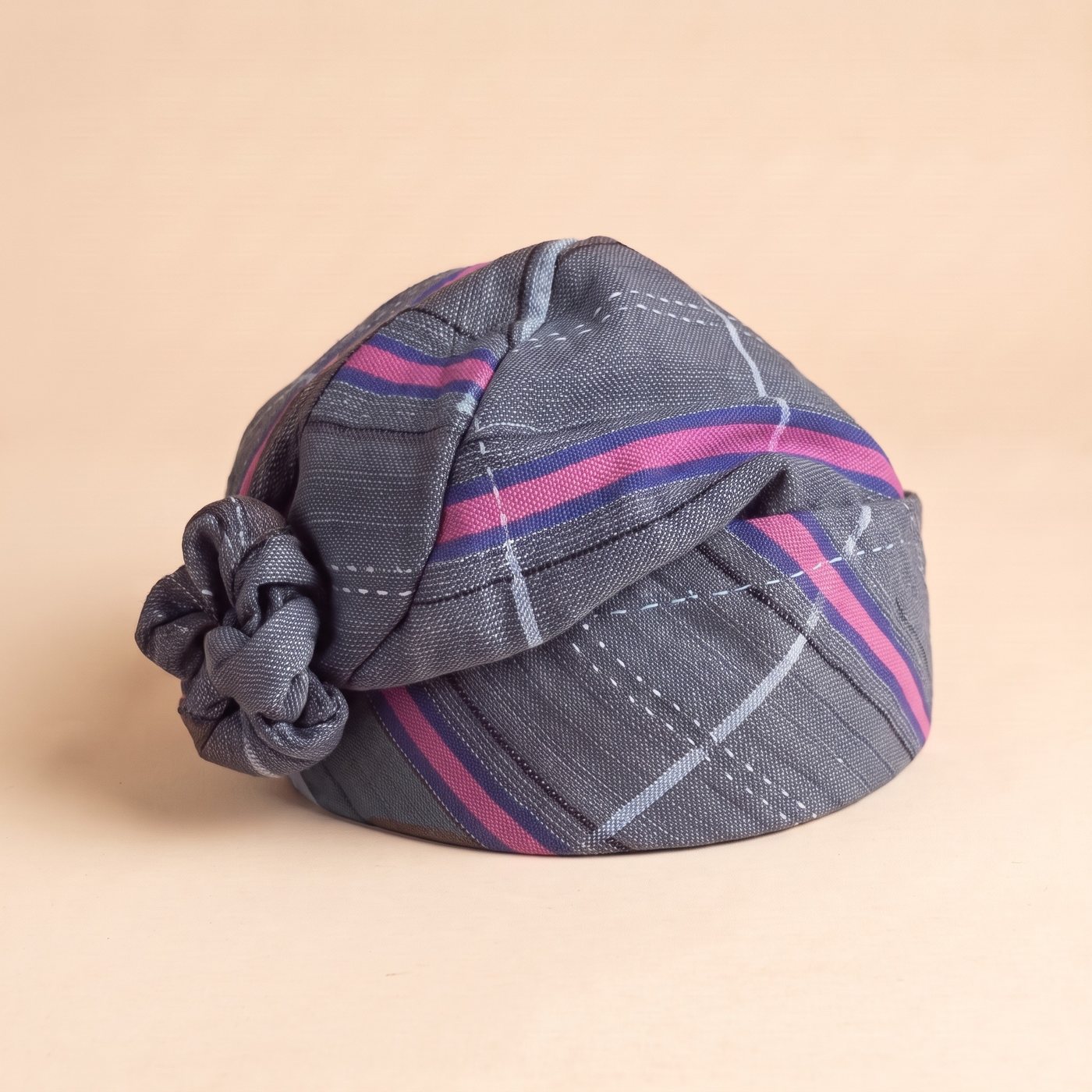 Grey & Pink Smock Hat, hand-wrapped Ghana fugu smock hat