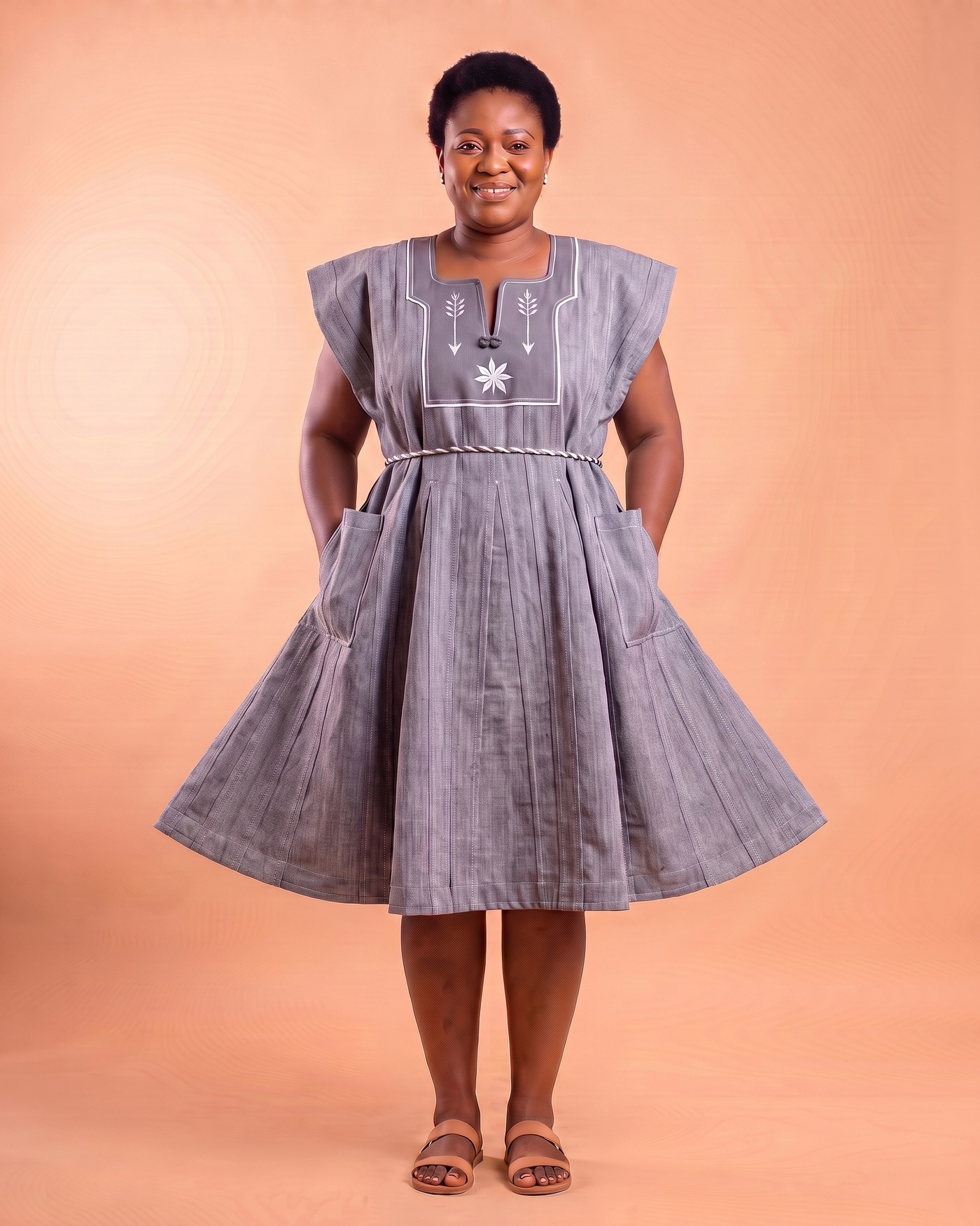 Woman in a grey fugu smock dress with a white-stitched yoke