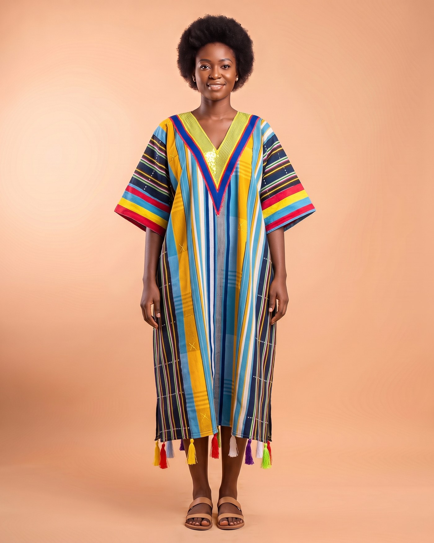 Woman in a bright multicolour striped kaftan smock dress with a lime-yellow sequinned V yoke and tassels