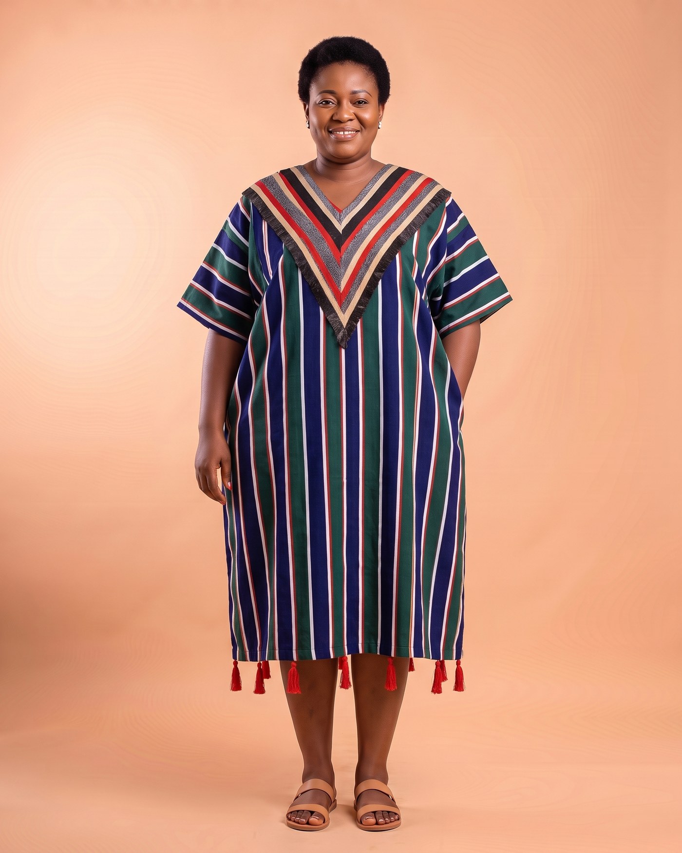Woman in a loose navy and green striped kaftan smock dress with a chevron V yoke and red tassels
