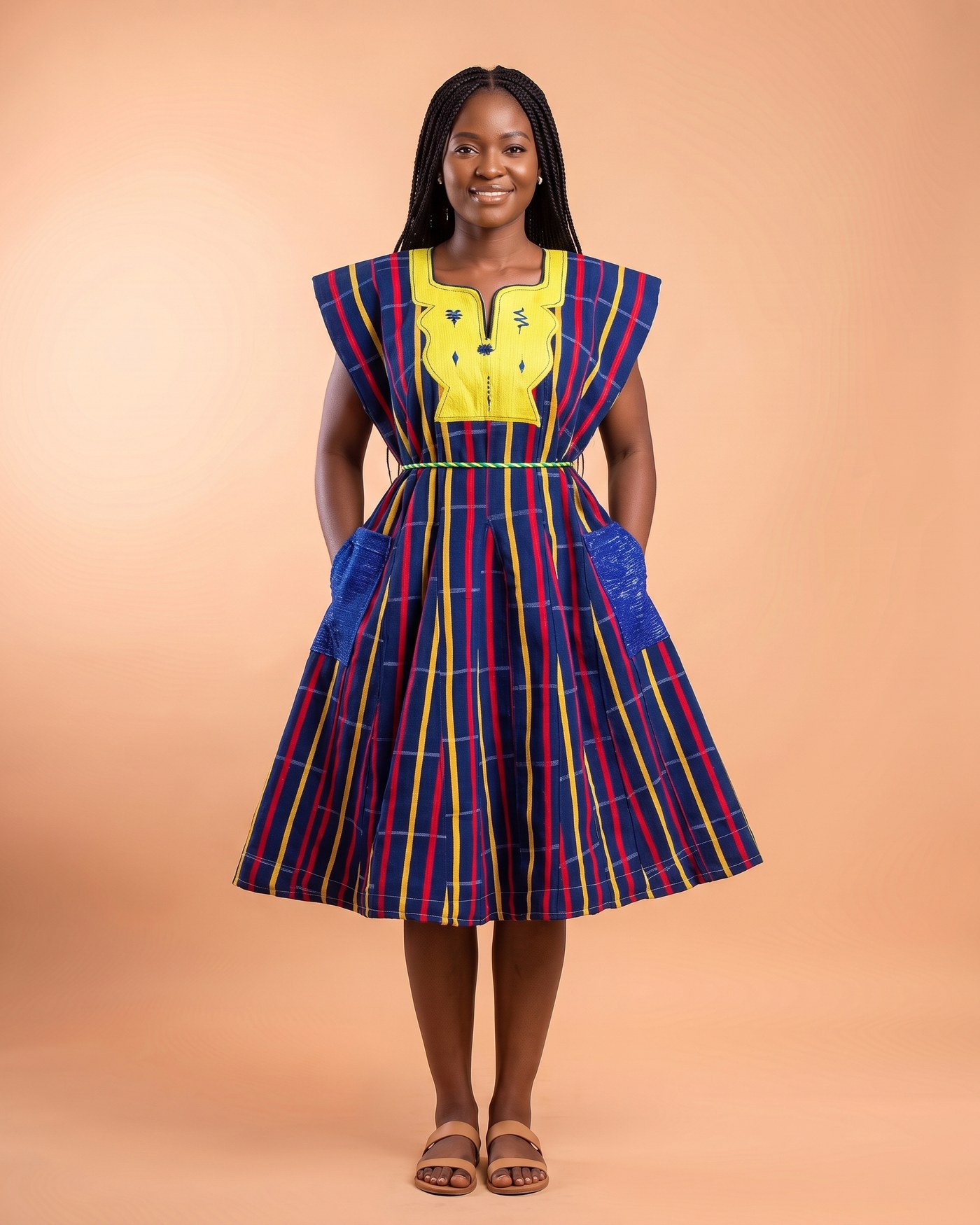 Woman in a navy smock dress with red and yellow stripes and a yellow yoke