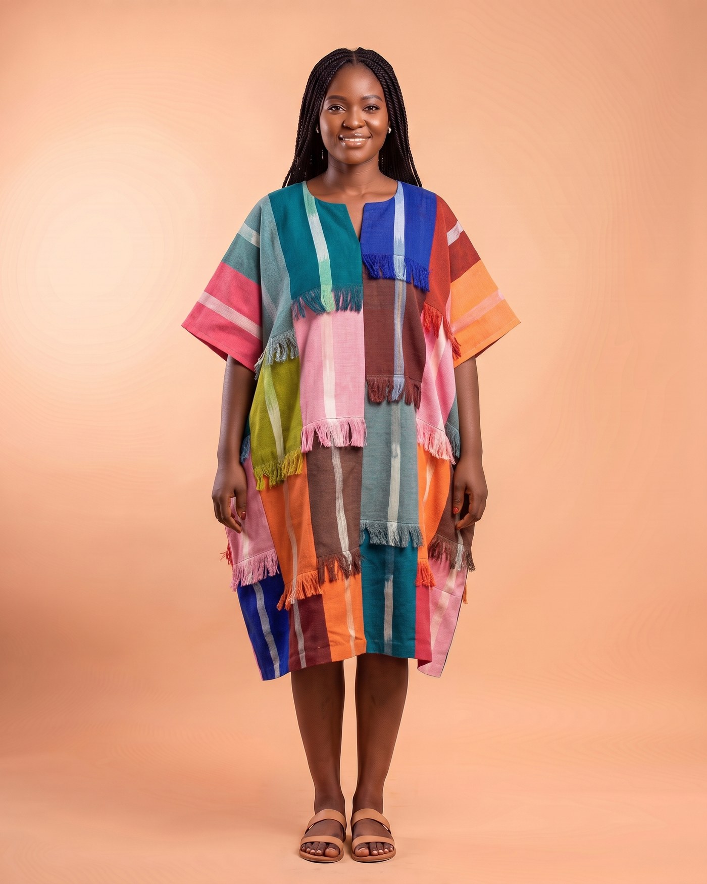 Woman in a knee-length patchwork smock dress of bright colour blocks with short fringes