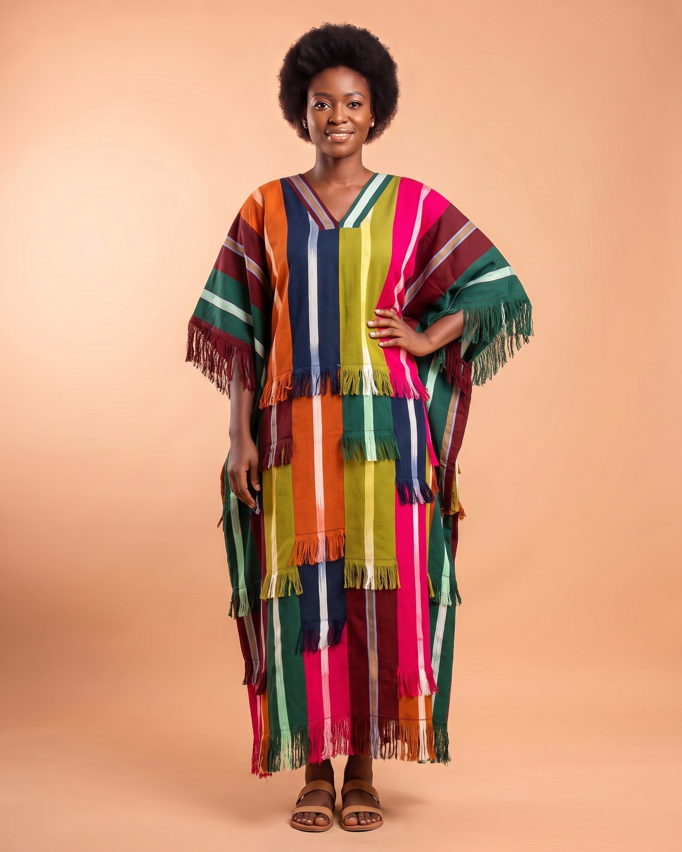 Woman in a wide rainbow-striped boubou smock dress with rows of fringe down the front