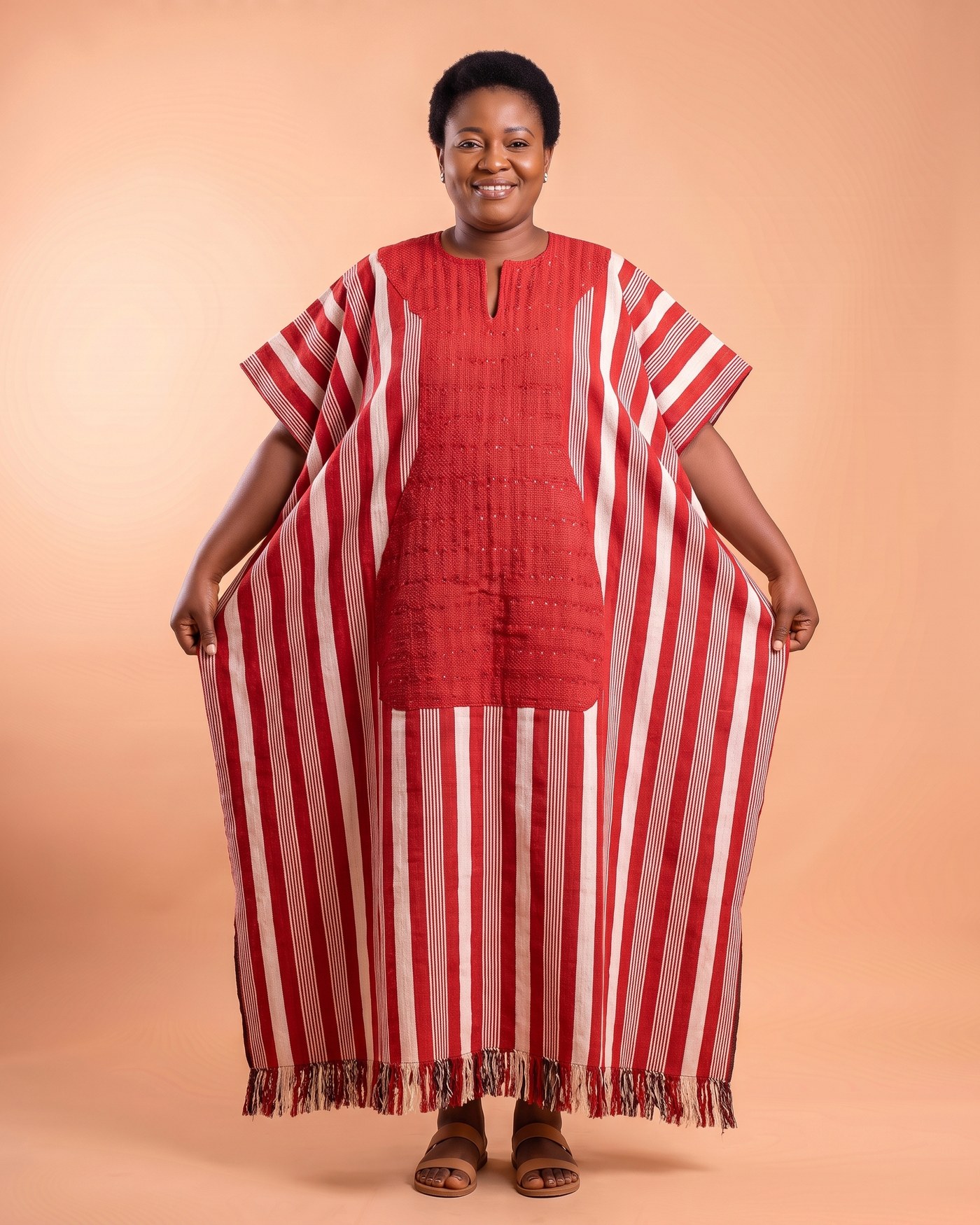 Woman in a floor-length red and white striped boubou smock dress with a solid red front panel
