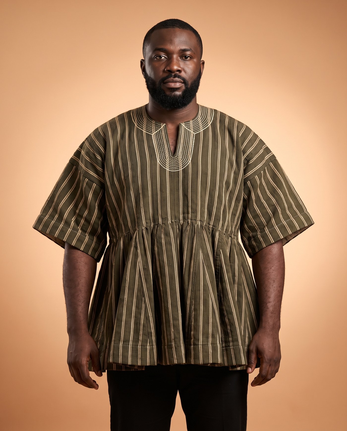 Olive & Gold Fugu Smock, hand-woven Ghana fugu smock