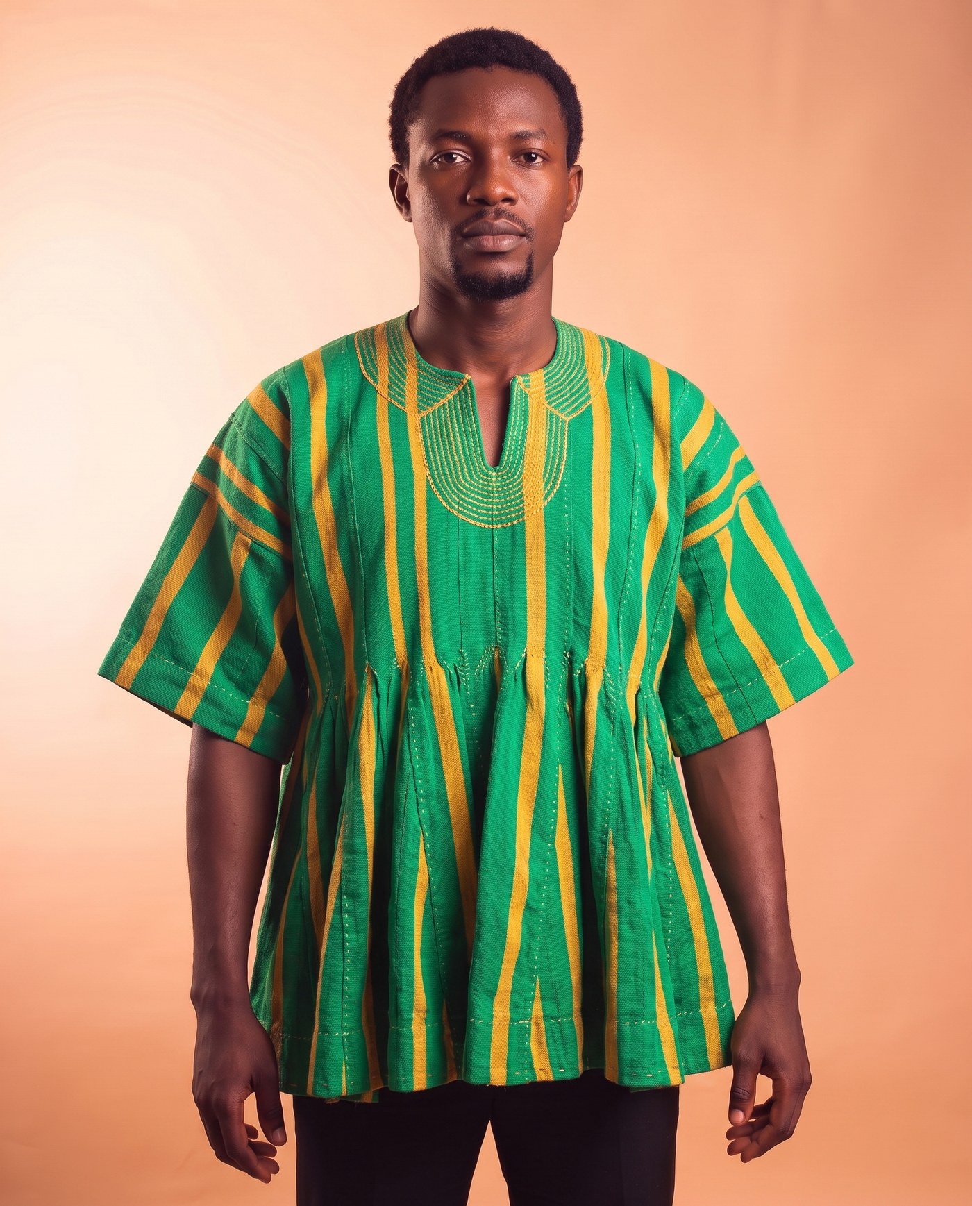 Green & Gold Fugu Smock, hand-woven Ghana fugu smock