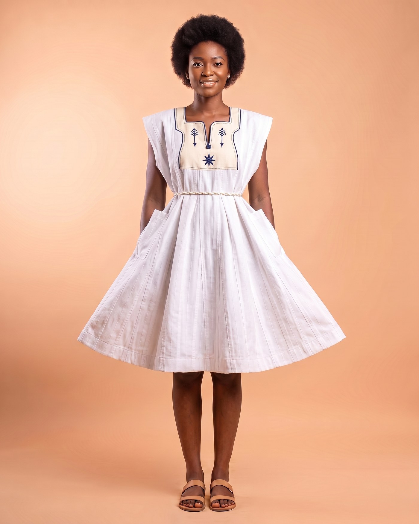 Woman in a white fugu smock dress with a cream yoke and rope belt