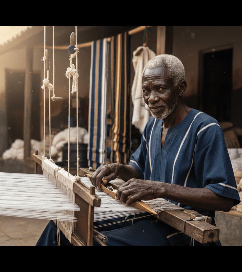 Master weaver at traditional loom in Tamale, Ghana