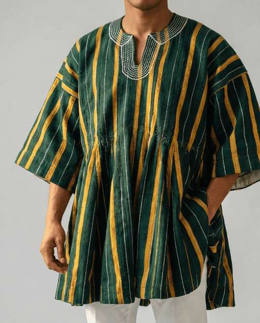 Savannah Green Bold Gold Batakari Fugu Smock hand-woven Ghana fugu smock