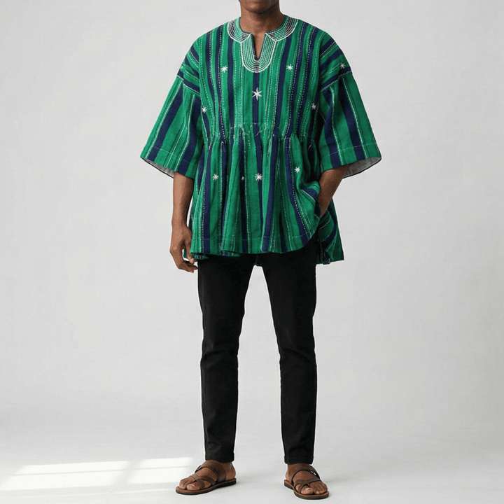 Starry Emerald Stripe Fugu Batakari Smock hand-woven Ghana fugu smock