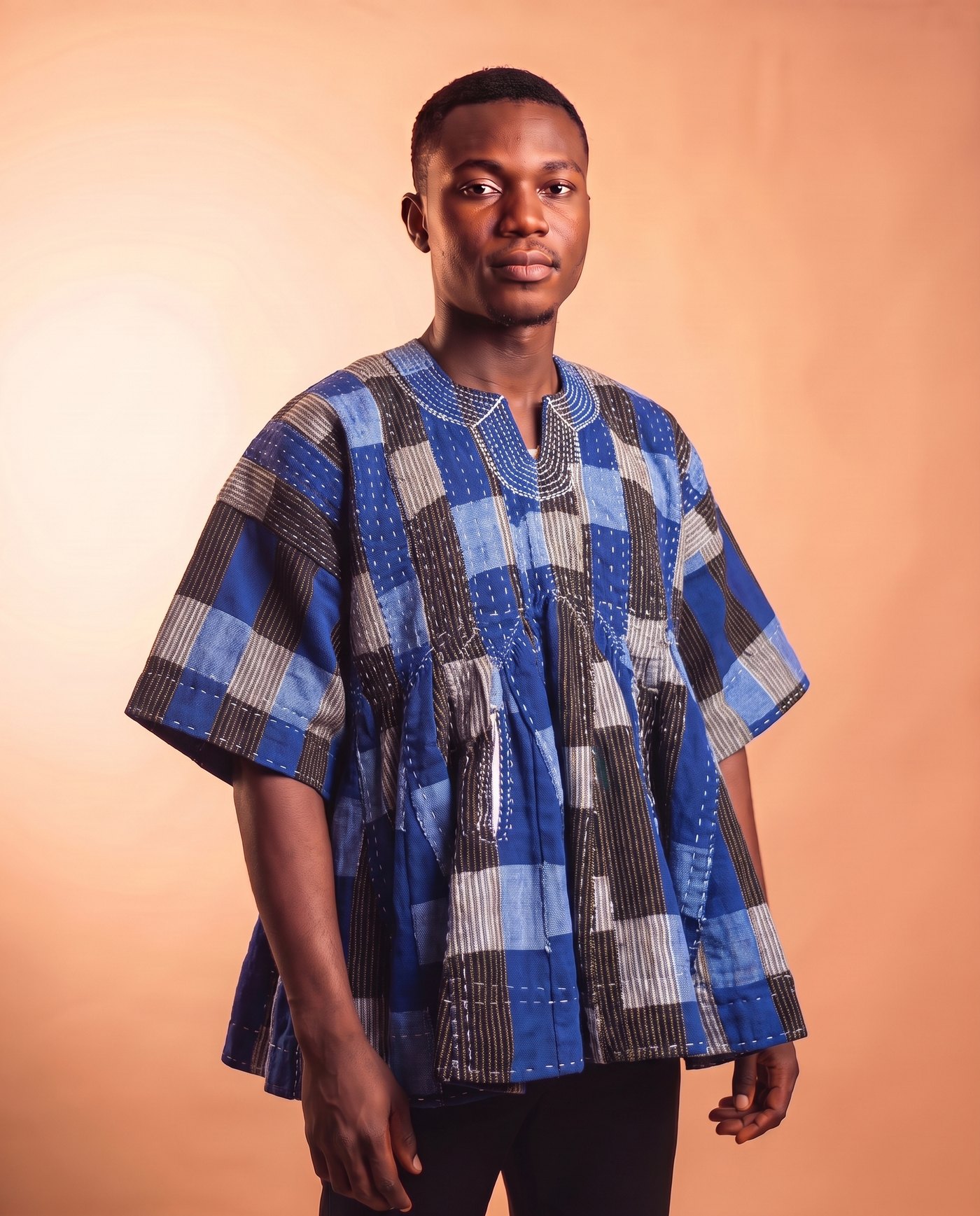 Blue Patchwork Fugu Smock hand-woven Ghana fugu smock