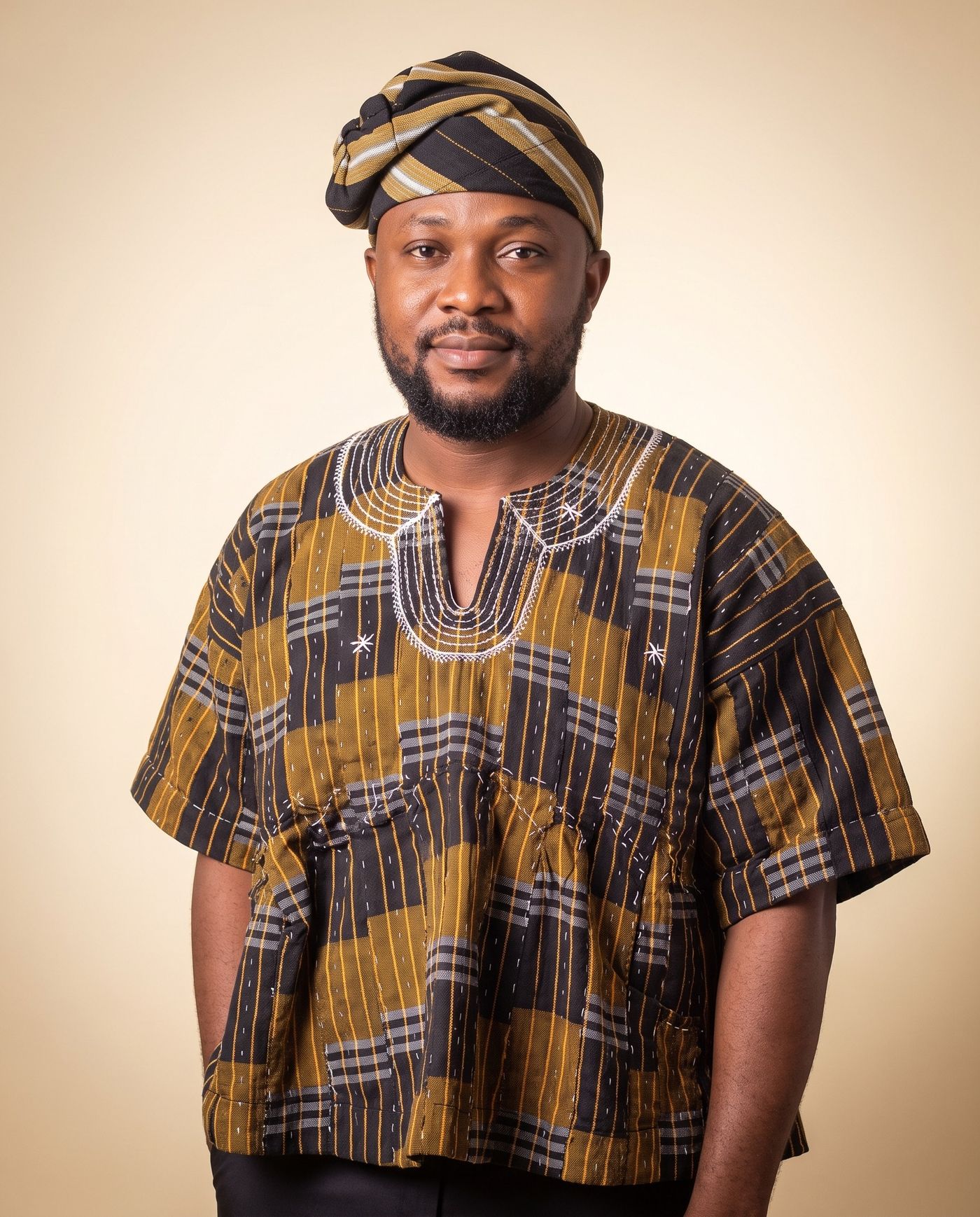 Black & Gold Smock Hat hand-wrapped Ghana fugu smock hat
