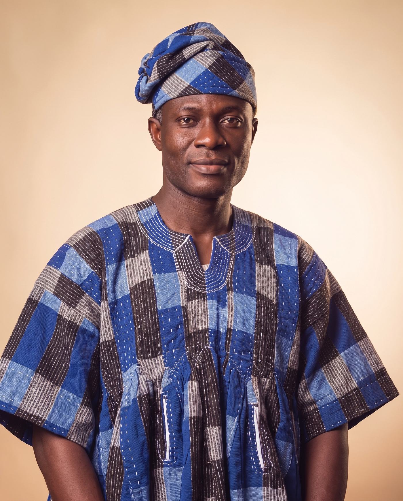 Blue Patchwork Smock Hat hand-wrapped Ghana fugu smock hat