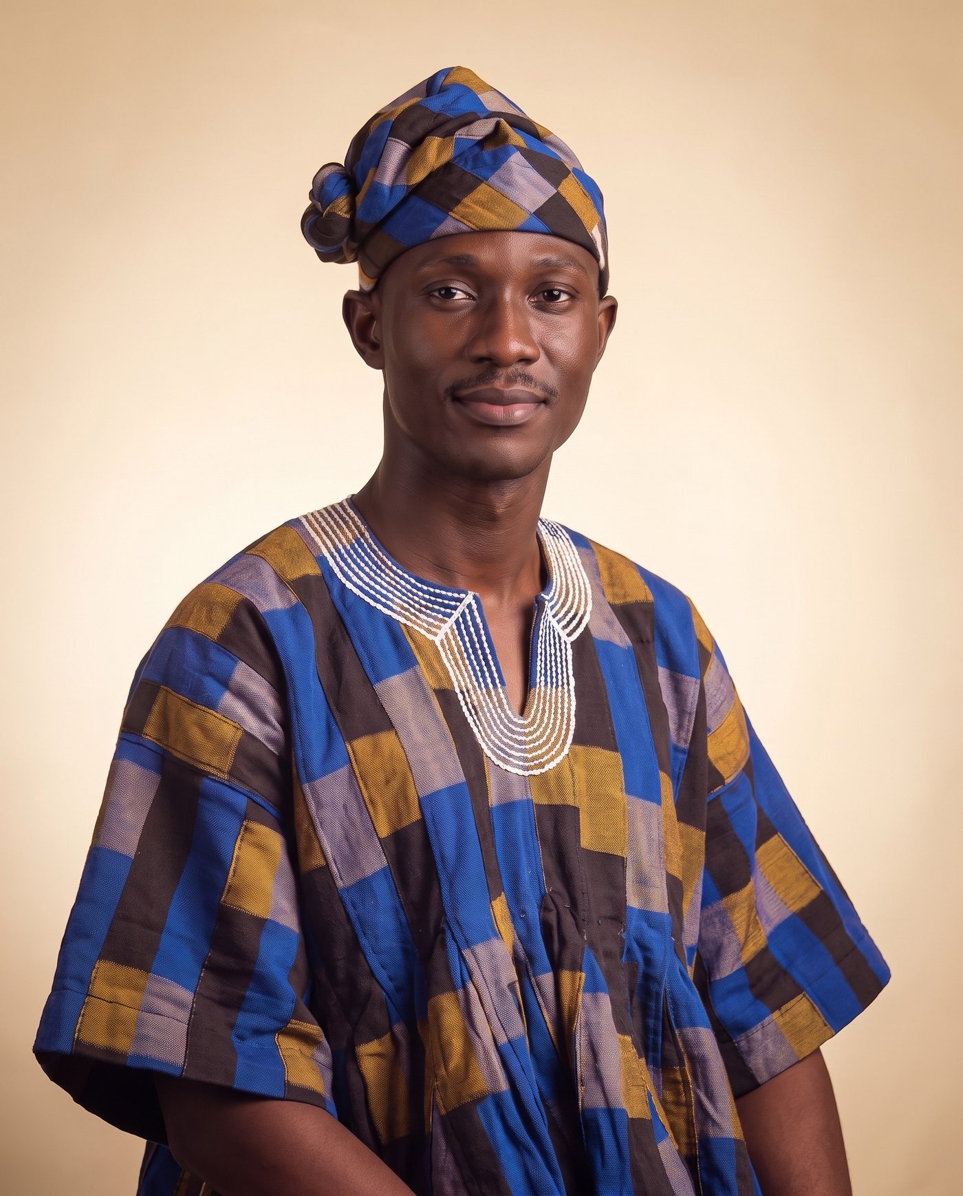 Cobalt Check Smock Hat hand-wrapped Ghana fugu smock hat