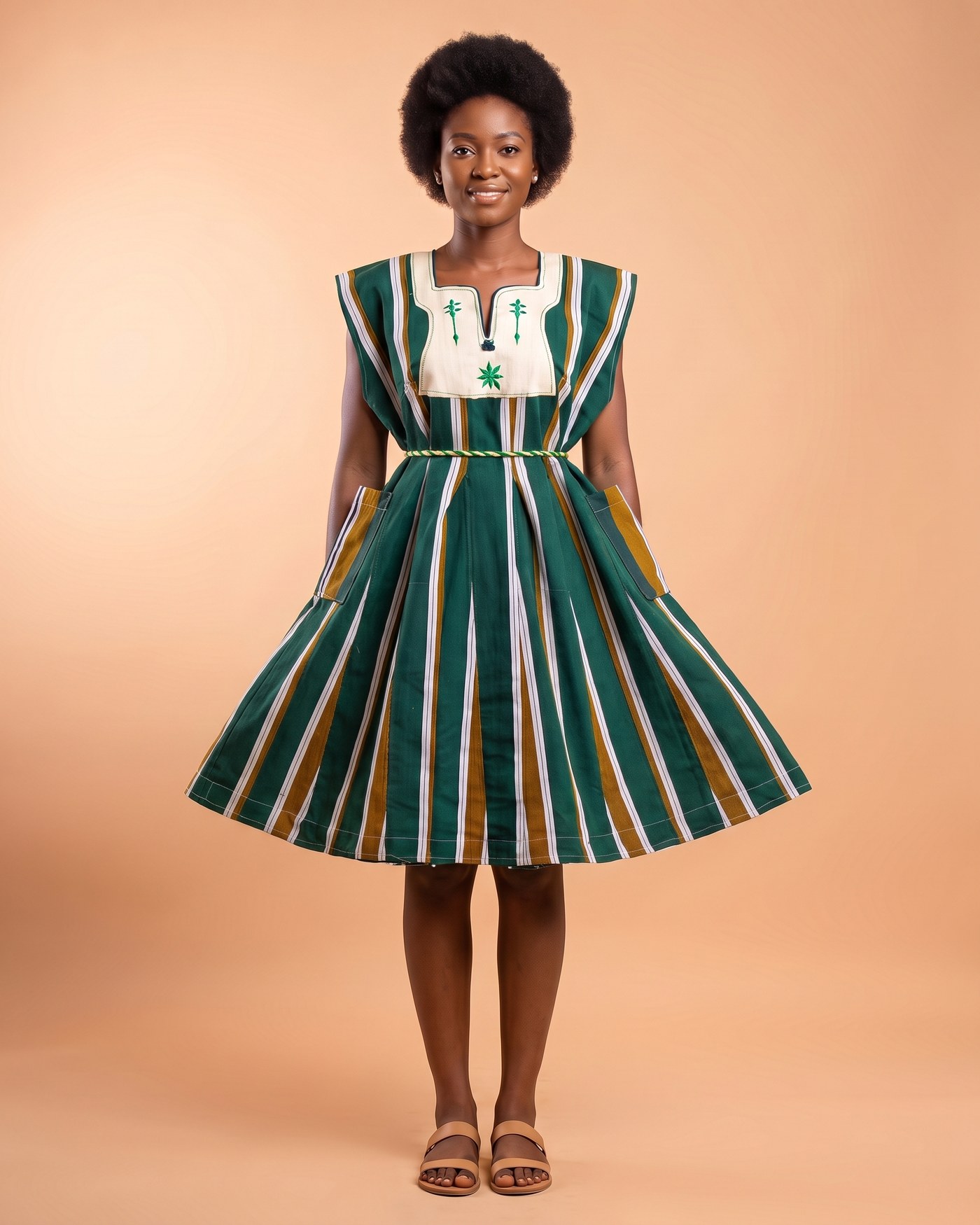 Green & Gold Smock Dress hand-woven Ghana fugu smock