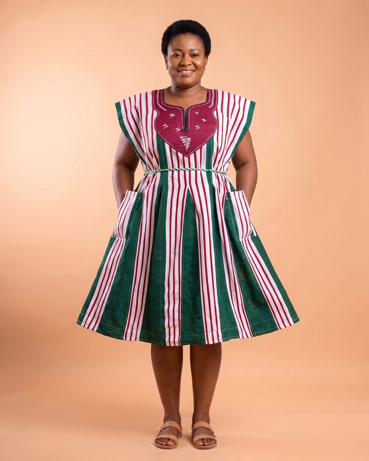 Green, White & Red Smock Dress hand-woven Ghana fugu smock
