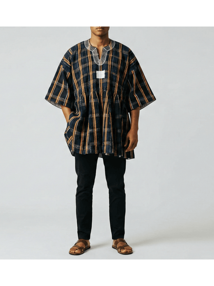 Navy/Indigo & Golden-Yellow, Handwoven Batakari Fugu Smock