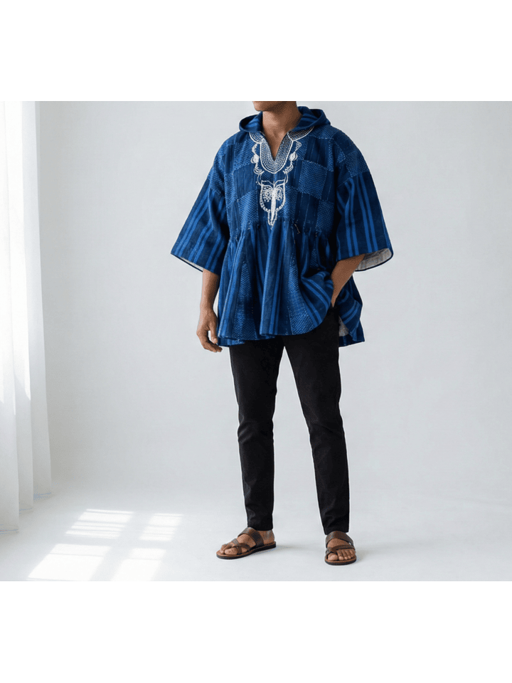Deep Blue Hoodie-Like Handwoven Fugu Batakari